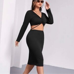 Sultry Curve Cutout Two-Piece Set – Black Long Sleeve Bodycon Midi